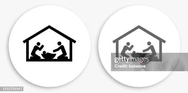 christmas baby jesus black and white round icon - nativity scene white background stock illustrations