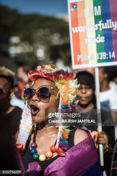 Member of the South African Lesbian, Gay, Bisexual and Transgender and Intersex community chants slogans during the annual Gay Pride Parade, as part...