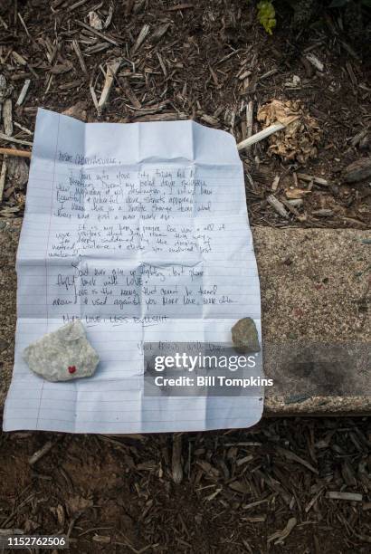 August 18, 2017: MANDATORY CREDIT Bill Tompkins/Getty Images A letter written in memorial to Heather Heyer on August 18, 2017 in Charlottesville. On...