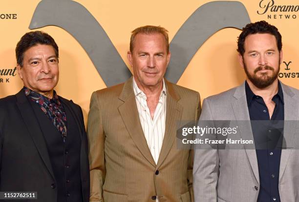 Gil Birmingham, Kevin Costner and Cole Hauser attend Paramount Network's "Yellowstone" Season 2 Premiere Party at Lombardi House on May 30, 2019 in...