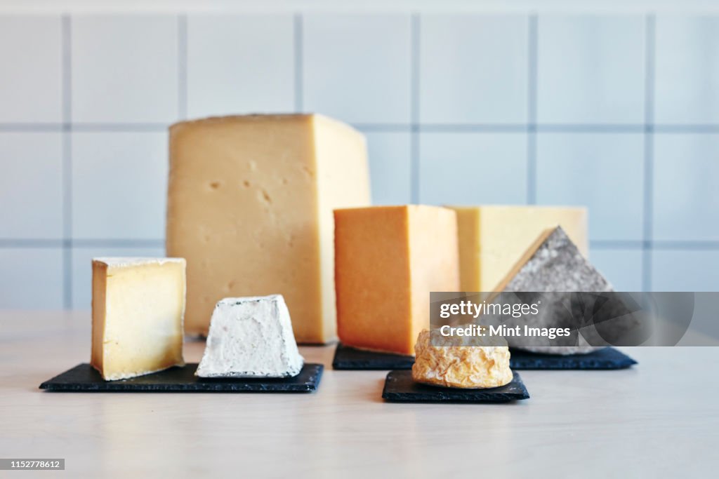 Still life of a range of cheeses on table top