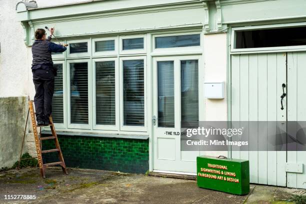 woman standing on a ladder using paintbrush and maulstick, working on sign-writing architrave above a shop window. - falmouth england - fotografias e filmes do acervo