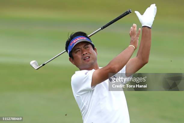 Yuta Ikeda of Japan releases his club after hitting a shot on the 18th hole during the second round of the Mizuno Open at the Royal Country Club on...