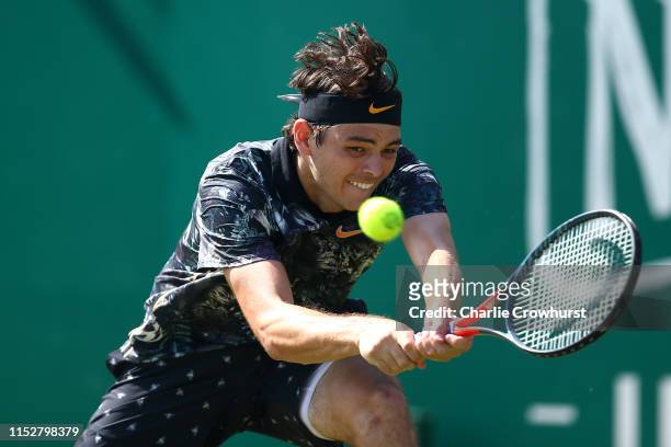Taylor Fritz of USA in action during the men's singles final against Sam Querrey of USA during day six of the Nature Valley International at...