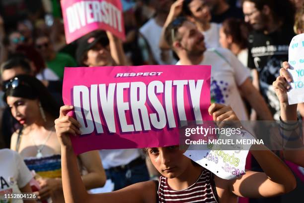 People parade during the Milan Pride 2019 on June 29, 2019 in Milan, as part of the LGBT Pride month marking the 50th anniversary of the New York...