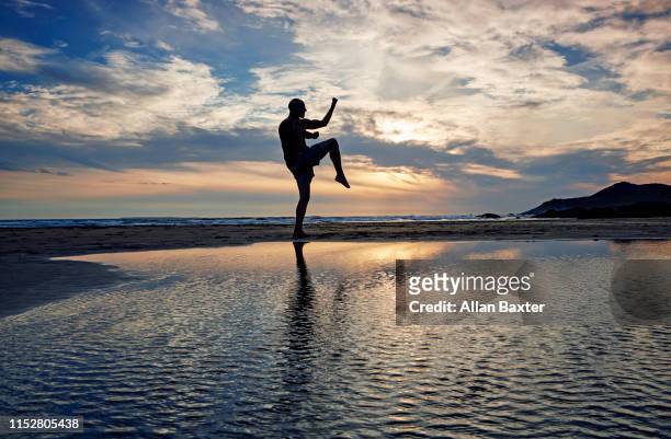 silhouette of man practising kung fu moves on beach at sunset - martial arts stock pictures, royalty-free photos & images