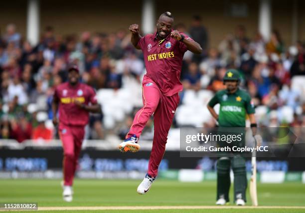 Andre Russell of West Indies celebrates after taking the wicket of Fakhar Zaman of Pakistan during the Group Stage match of the ICC Cricket World Cup...