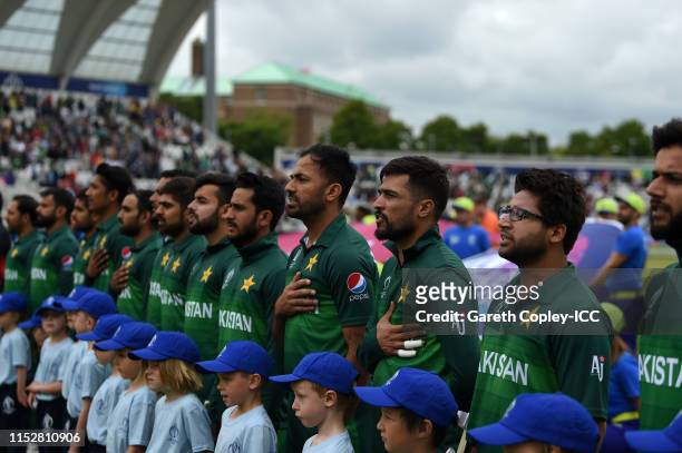 The Pakistan side line up for the national anthems during the Group Stage match of the ICC Cricket World Cup 2019 between West Indies and Pakistan at...