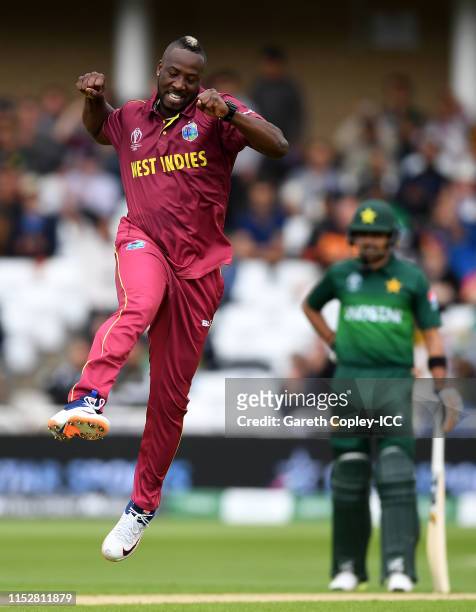 Andre Russell of West Indies celebrates after taking the wicket of Fakhar Zaman of Pakistan during the Group Stage match of the ICC Cricket World Cup...