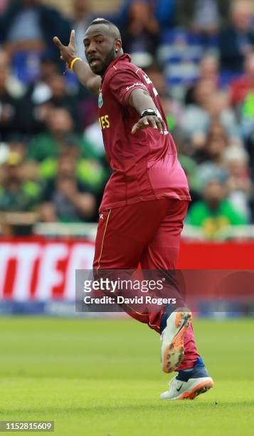 Andre Russell of the West Indies celebrates after taking the wicket of Haris Sohail during the Group Stage match of the ICC Cricket World Cup 2019...