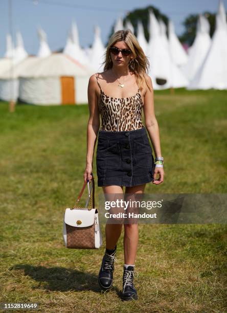 In this handout image provided by PMK BNC, celebrity sighting of Camille Charriere at Glastonbury Festival 2019 on June 29, 2019 in Glastonbury,...