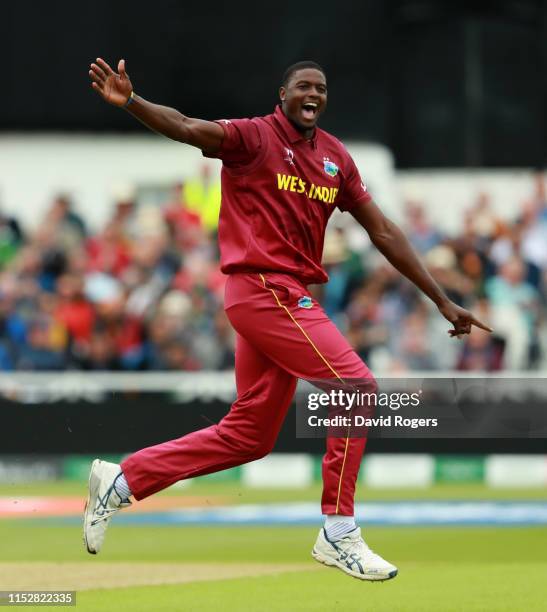 Jason Holder of the West Indies celebrates after taking the wicket of Imad Wasim during the Group Stage match of the ICC Cricket World Cup 2019...