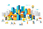 Smart city, landscape city centre with many building, airplane is flying in the sky and people walking, running in park. Vector illustration