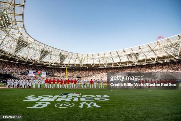 Members of the Boston Red Sox are introduced before game one of the 2019 Major League Baseball London Series against the New York Yankees on June 29,...