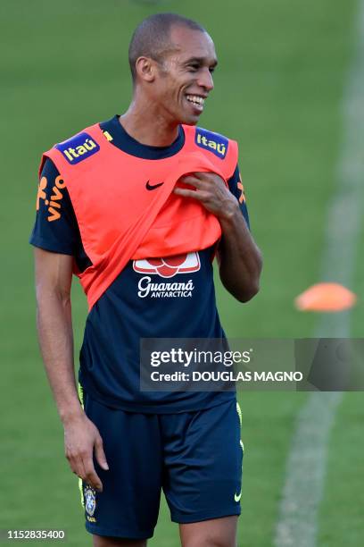 Brazils player Miranda takes part in a training session at Cidade do Galo, in Belo Horizonte, state of Minas Gerais, Brazil, on June 29 ahead of a...