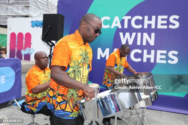 Steel Pan band performs at the Nottingham fanzone during the ICC Cricket World Cup 2019 at Old Market Square on May 31, 2019 in Nottingham, England.