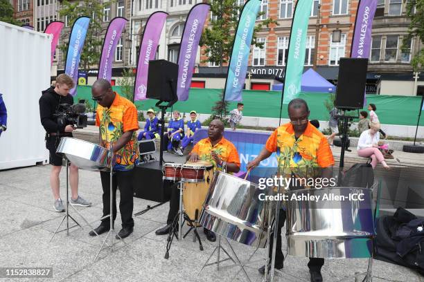 Steel Band performs at the Nottingham fanzone during the ICC Cricket World Cup 2019 at Old Market Square on May 31, 2019 in Nottingham, England.