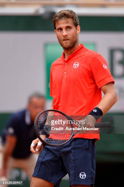 Martin Klizan of Slovakia looks on during his mens singles second round match against Lucas Pouille of France during Day six of the 2019 French Open...