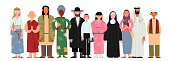 People of different religions and cultures as well as different skin colors standing together on white background.