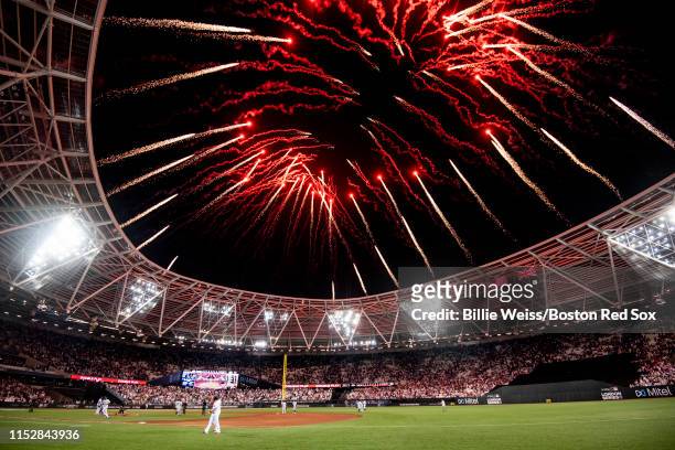 Fireworks explode following game one of the 2019 Major League Baseball London Series between the Boston Red Sox and the New York Yankees on June 29,...