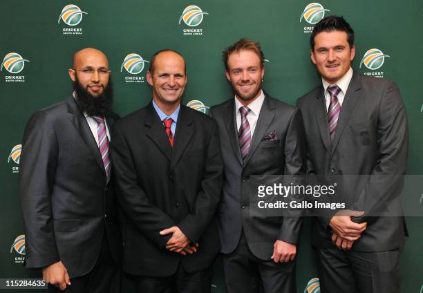 Hashim Amla, Gary Kirsten, AB de Villiers and Graeme Smith attend the Cricket South Africa press conference at The Pivot Hotel Southern Sun on June...