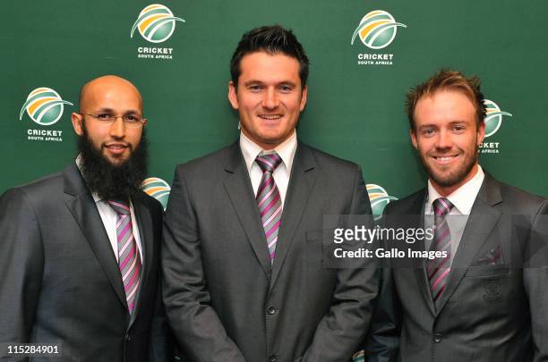 Hashim Amla, Graeme Smith and AB de Villiers attend the Cricket South Africa press conference at The Pivot Hotel Southern Sun on June 06, 2011 in...