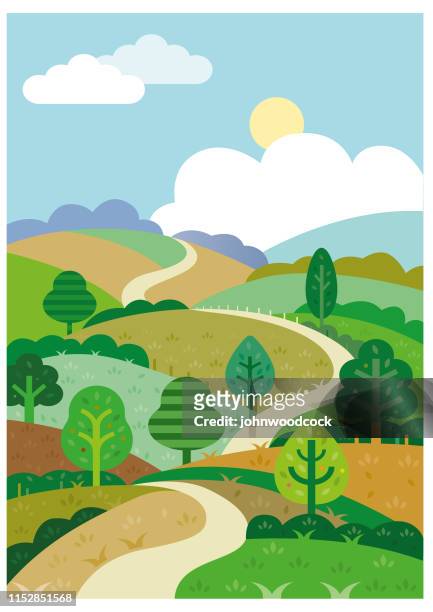 green rolling hills and road illustration - rolling landscape stock illustrations