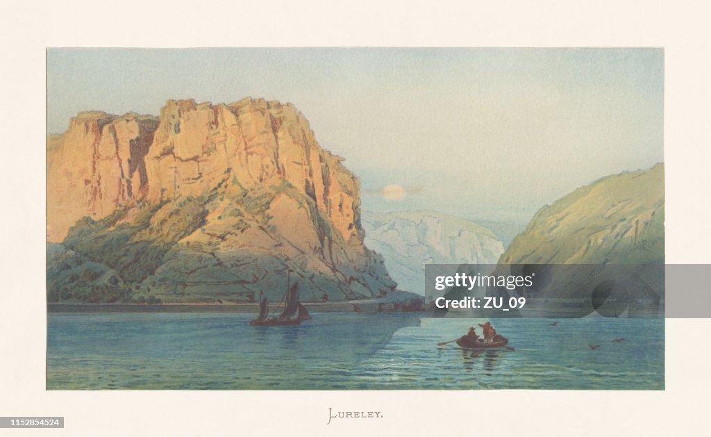 Loreley, famous rock at the Rhine River, Germany, chromolithograph, ca.1870