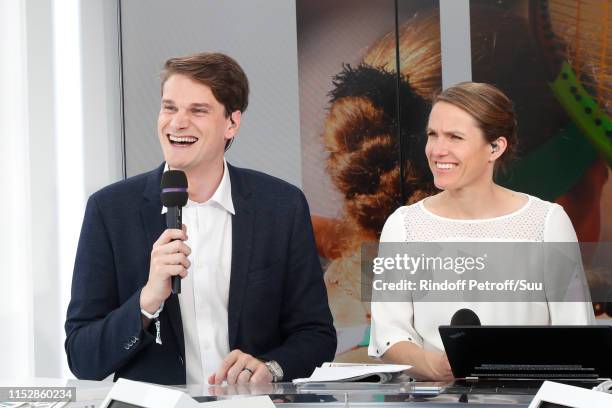 Swimmer Yannick Agnel and Tennis players Justine Henin participate at a Special TV show Roland Garros at France Television french chanel studio...