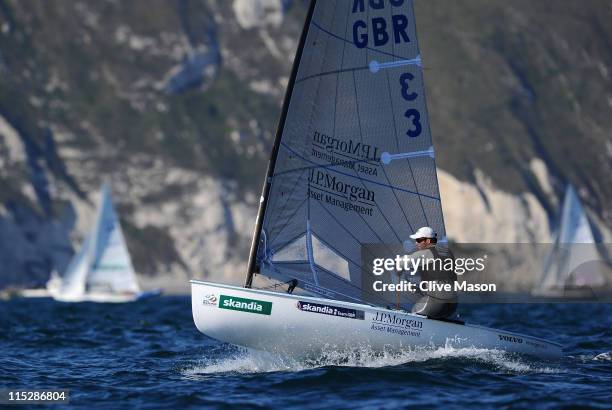 Ben Ainslie of Great Britain in action during the Finn Class race on day one of the Skandia Sail For Gold Regatta at the Weymouth and Portland...