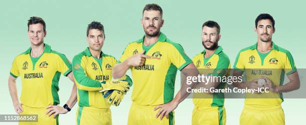 In this composite image Steven Smith, Alex Carey, Aaron Finch, David Warner, Mitchell Starc of Australia pose for a portrait prior to the ICC Cricket...