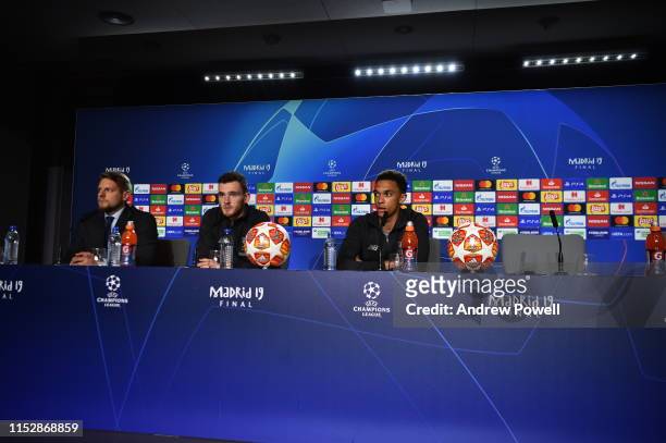 Andrew Robertson and Trent Alexander- Arnold of Liverpool in the press conference before the Champions League Final in Madrid from Liverpool John...