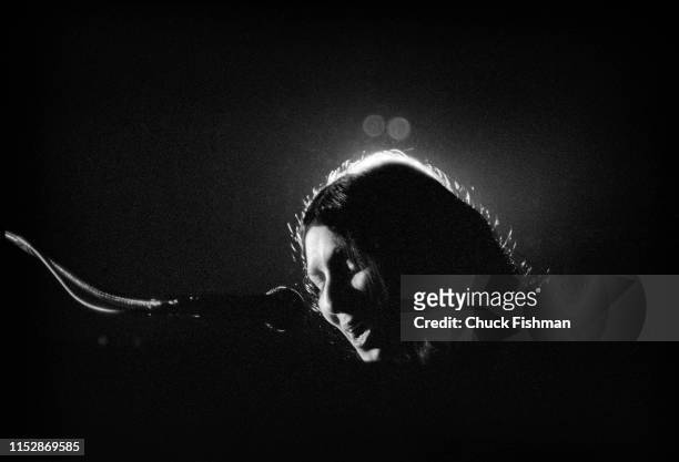 American folk musician Buffy Sainte-Marie performs onstage during a concert at the Northern Illinois University fieldhouse, DeKalb, Illinois, April...