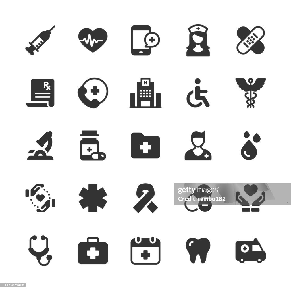 Healthcare und Medical Glyph Icons. Pixel Perfect. Für Mobile und Web. Enthält solche Ikonen wie Gehirn, Krankenschwester, Syringe, Wohltätigkeit, Krankenhaus.