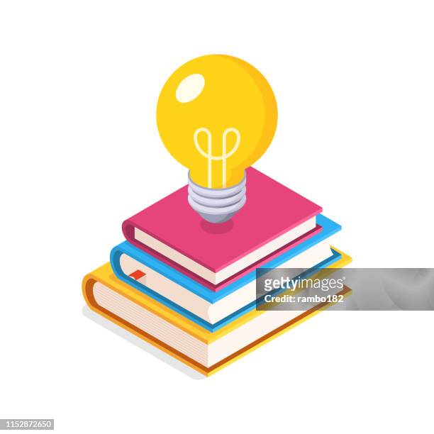 教育の概念。電球と本のスタック付きフラット、アイソメ図。 - dictionary点のイラスト素材／クリップアート素材／マンガ素材／アイコン素材