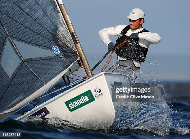 Ben Ainslie of Great Britain in action during the Finn Class race on day one of the Skandia Sail For Gold Regatta at the Weymouth and Portland...