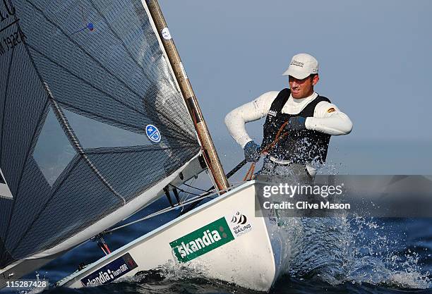 Ben Ainslie of Great Britain in action during the Finn Class race on day one of the Skandia Sail For Gold Regatta at the Weymouth and Portland...