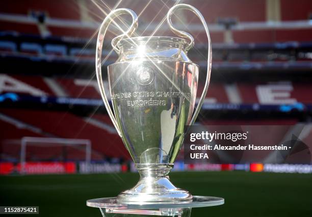 The Champions League Trophy is seen in the stadium on the eve of the UEFA Champions League Final between Tottenham Hotspur and Liverpool at Estadio...