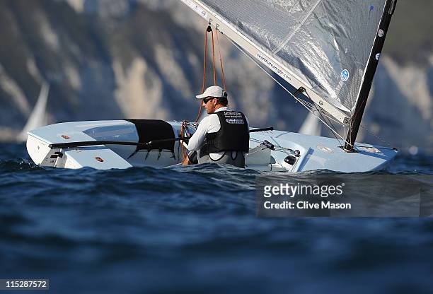 Ben Ainslie of Great Britain in action during the Finn Class race on day one of the Skandia Sail For Gold Regatta at the Weymouth and Portland...