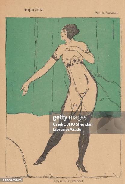 Cartoon from the Russian satirical journal Bichon, depicting a scandalously dressed female dancer, with the text "Dress Rehearsal", 1917.