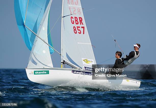 Ben Saxton and David Kohler of Great Britain in action during the 470 class race on day one of the Skandia Sail For Gold Regatta at the Weymouth and...