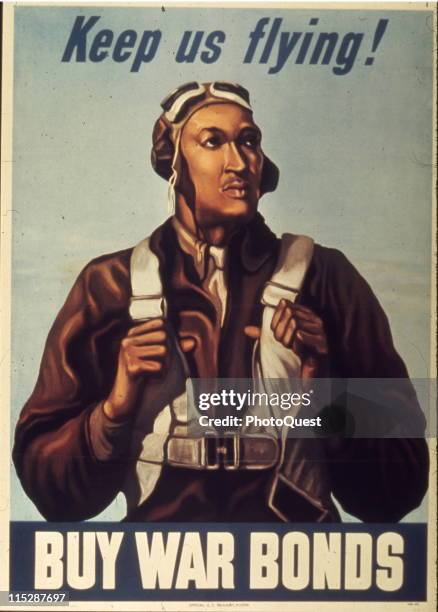 Color poster of a Tuskegee Airman, probably Lieutenant Robert W. Dietz, encouraging the purchase of war bonds in support of America's efforts in...