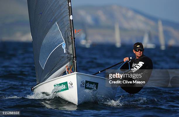 Dan Slater of New Zealand in action during the Finn Class race on day one of the Skandia Sail For Gold Regatta at the Weymouth and Portland National...