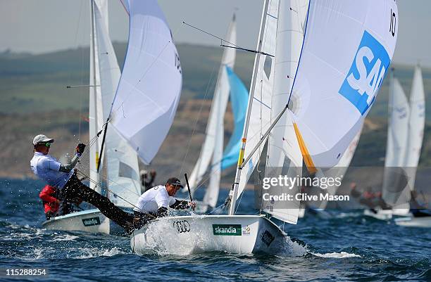 Gerz Ferdinand and Patrick Follman of Germany in action during the 470 class race on day one of the Skandia Sail For Gold Regatta at the Weymouth and...