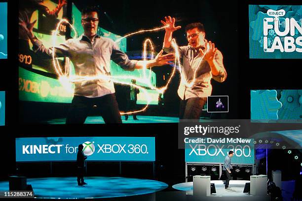 Developers demonstrate the interactive Kinect Fun Labs games at the Electronic Entertainment Expo on June 6, 2011 in Los Angeles, California. More...