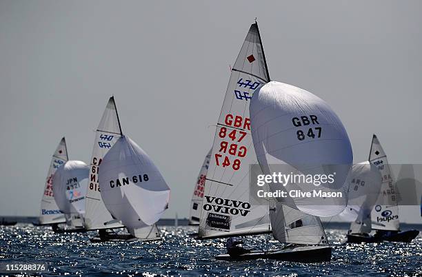 Hannah Mills and Saskia Clark in action during the 470 class on day one of the Skandia Sail For Gold Regatta at the Weymouth and Portland National...