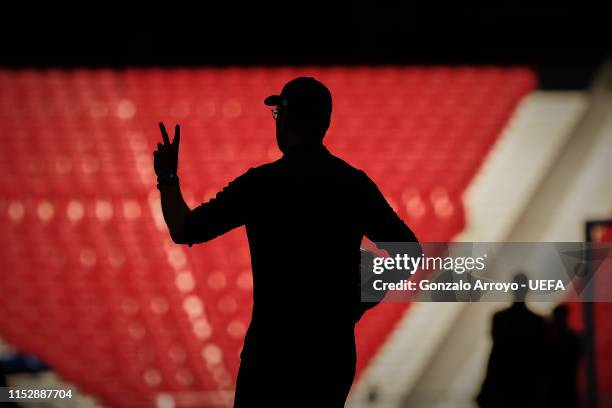 Head coach Jurgen Klopp of Liverpool gives instructions during their training session the day before of the UEFA Champions League Final between...