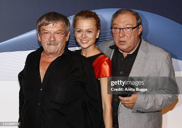 Actors Wolfgang Winkle, Isabell Gerschke and Jaecki Schwarz attend the "Polizeiruf 110" 40th Anniversary Celebration at the Astor Filmlounge movie...