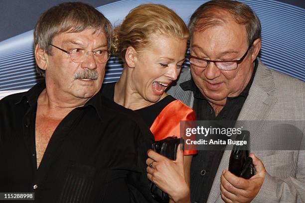 Actors Wolfgang Winkle, Isabell Gerschke and Jaecki Schwarz attend the "Polizeiruf 110" 40th Anniversary Celebration at the Astor Filmlounge movie...