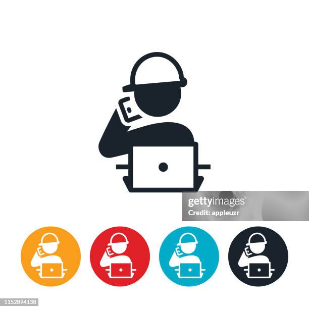 engineer on phone at computer icon - telecoms engineer stock illustrations